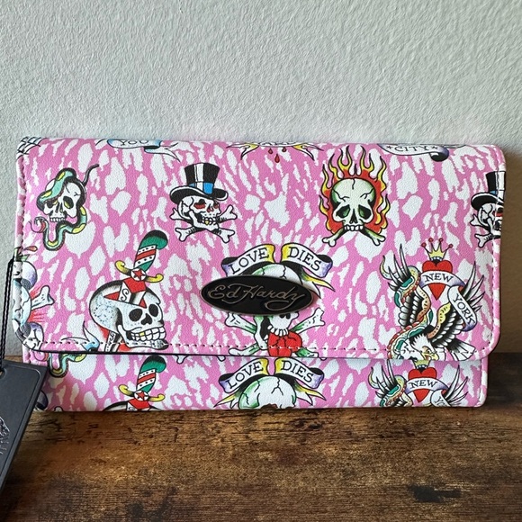 Ed Hardy Handbags - Ed Hardy Pink Tattoo-Inspired Skeleton Women’s Long Wallet Fold Out NWT